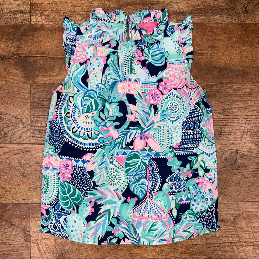 Lilly Pulitzer Talisa Ruffle Trim Shell Top in Looking Sharp Sleeveless Blouse
